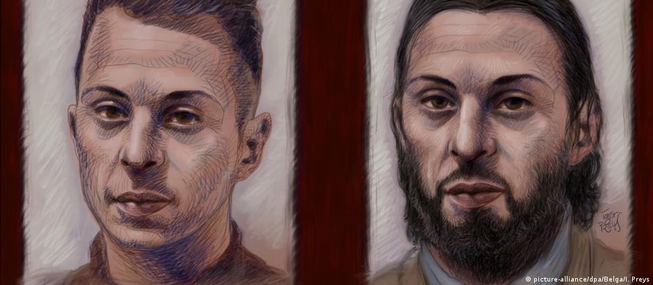 Retrato de Salah Abdeslam na época de sua captura (esq.) e durante o processo, numa ida ao tribunal em fevereiro de 2018