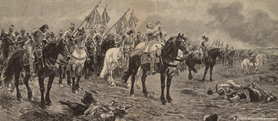 Gustavo Adolfo 2º, rei da Suécia, em pintura de Louis Braun representando batalha da Guerra dos Trinta Anos